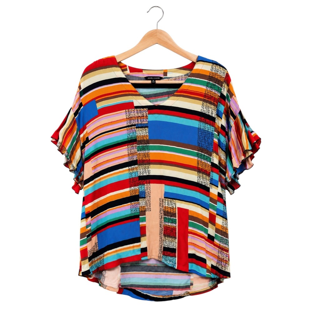 John Mark Womens Multi Color Geometric Stripe Ruffle Sleeve High Low Top Medium